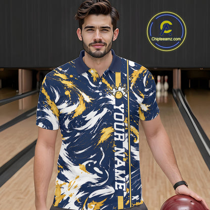 Custom White Yellow Camo Abstract Splash Bowling Shirts for Men Bowling Team Jersey for Bowler HNT658