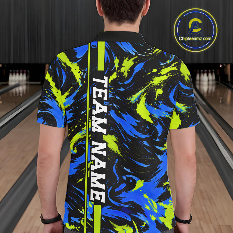 Custom Blue Green Camo Abstract Splash Bowling Shirts for Men Bowling Team Jersey for Bowler HNT658