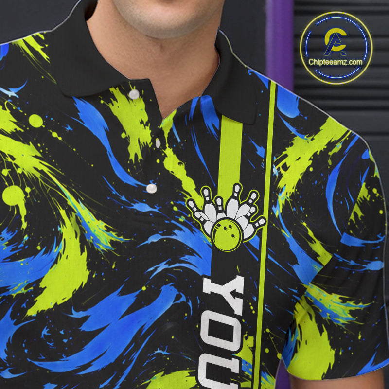 Custom Blue Green Camo Abstract Splash Bowling Shirts for Men Bowling Team Jersey for Bowler HNT658
