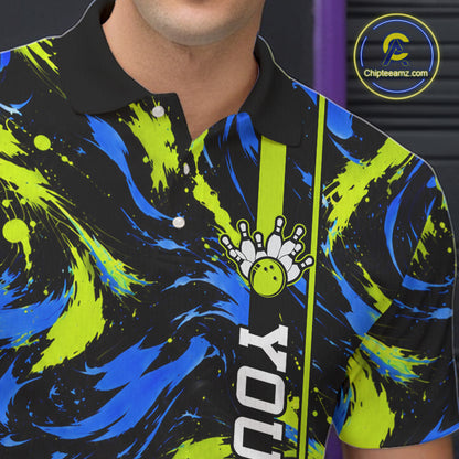 Custom Blue Green Camo Abstract Splash Bowling Shirts for Men Bowling Team Jersey for Bowler HNT658