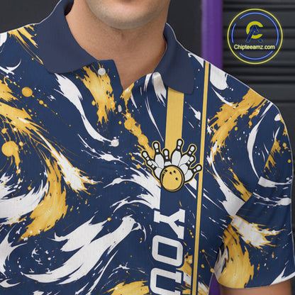 Custom White Yellow Camo Abstract Splash Bowling Shirts for Men Bowling Team Jersey for Bowler HNT658