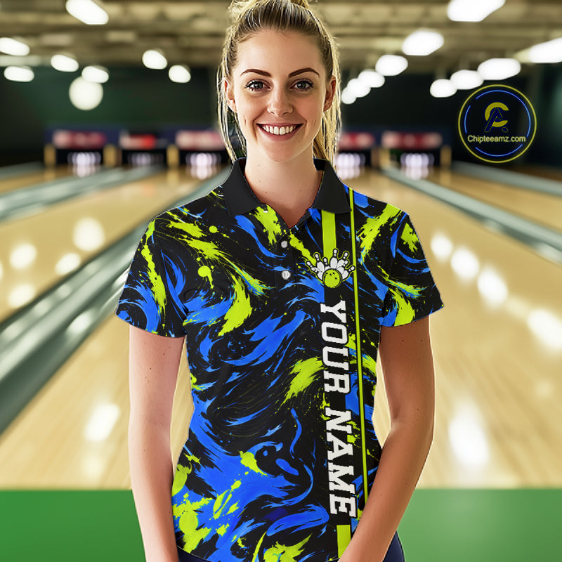 Custom Blue Green Camo Abstract Splash Bowling Shirts for Women Bowling Team Jersey for Bowler HNT658
