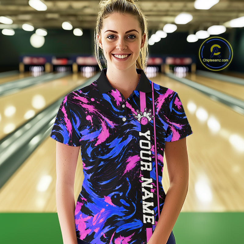 Custom Blue Pink Camo Abstract Splash Bowling Shirts for Women Bowling Team Jersey for Bowler HNT658
