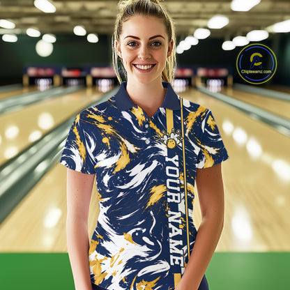 Custom White Yellow Camo Abstract Splash Bowling Shirts for Women Bowling Team Jersey for Bowler HNT658