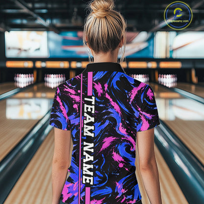 Custom Blue Pink Camo Abstract Splash Bowling Shirts for Women Bowling Team Jersey for Bowler HNT658