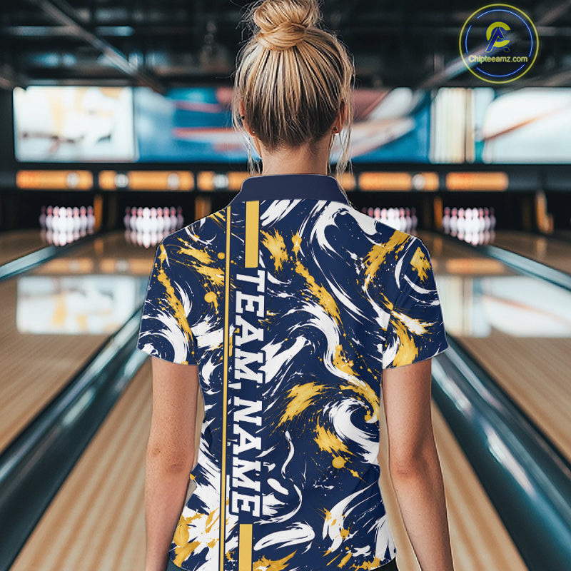 Custom White Yellow Camo Abstract Splash Bowling Shirts for Women Bowling Team Jersey for Bowler HNT658