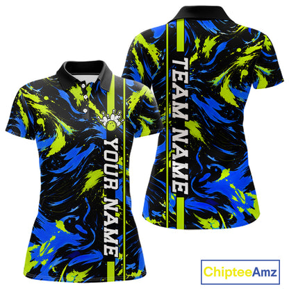 Custom Blue Green Camo Abstract Splash Bowling Shirts for Women Bowling Team Jersey for Bowler HNT658