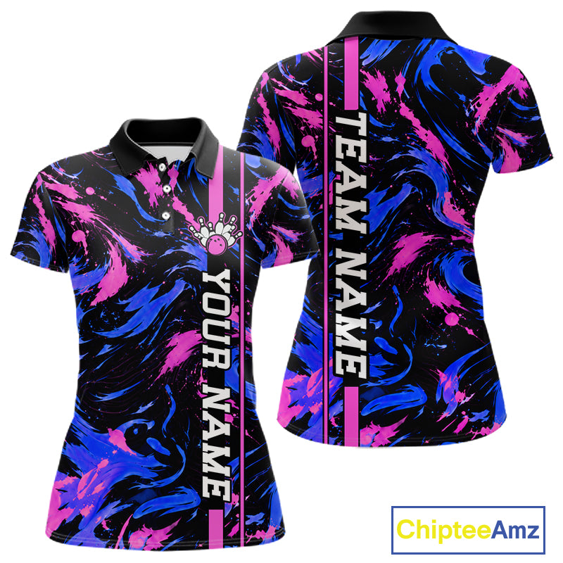 Custom Blue Pink Camo Abstract Splash Bowling Shirts for Women Bowling Team Jersey for Bowler HNT658