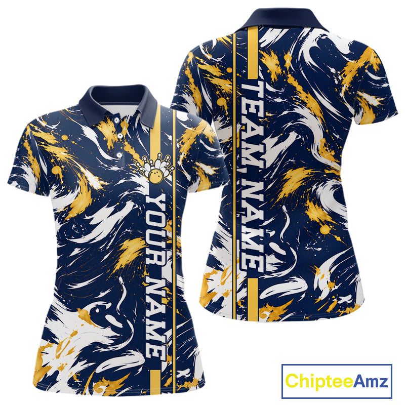 Custom White Yellow Camo Abstract Splash Bowling Shirts for Women Bowling Team Jersey for Bowler HNT658
