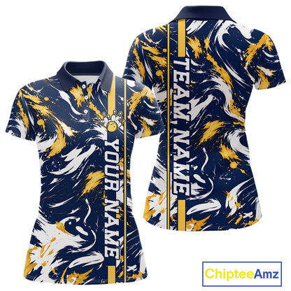 Custom White Yellow Camo Abstract Splash Bowling Shirts for Women Bowling Team Jersey for Bowler HNT658