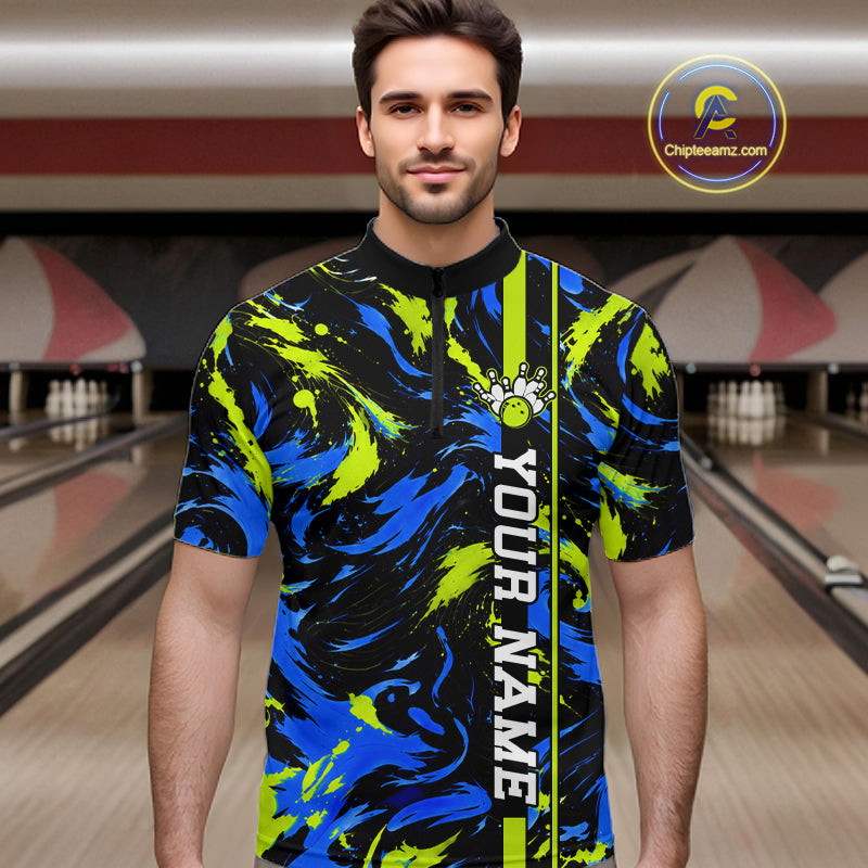 Custom Blue Green Camo Abstract Splash Bowling Shirts for Men Bowling Team Jersey for Bowler HNT658