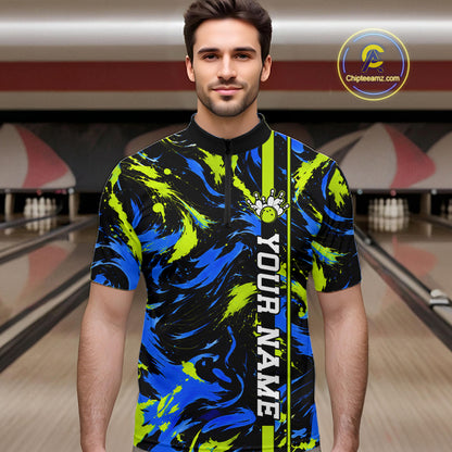 Custom Blue Green Camo Abstract Splash Bowling Shirts for Men Bowling Team Jersey for Bowler HNT658