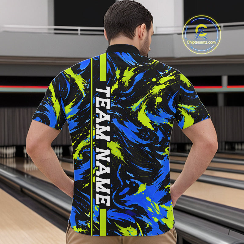 Custom Blue Green Camo Abstract Splash Bowling Shirts for Men Bowling Team Jersey for Bowler HNT658