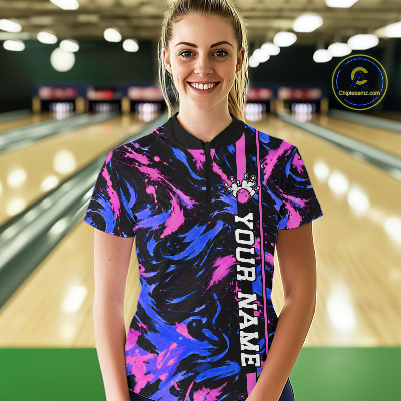 Custom Blue Pink Camo Abstract Splash Bowling Shirts for Women Bowling Team Jersey for Bowler HNT658