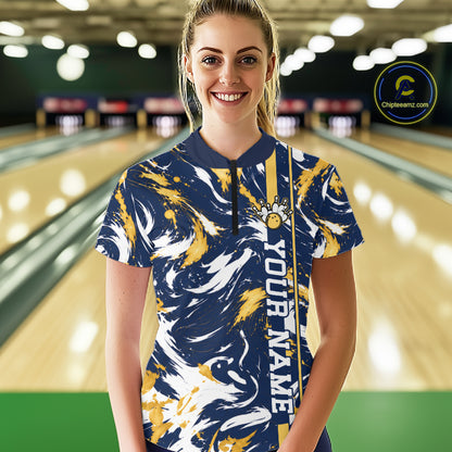 Custom White Yellow Camo Abstract Splash Bowling Shirts for Women Bowling Team Jersey for Bowler HNT658
