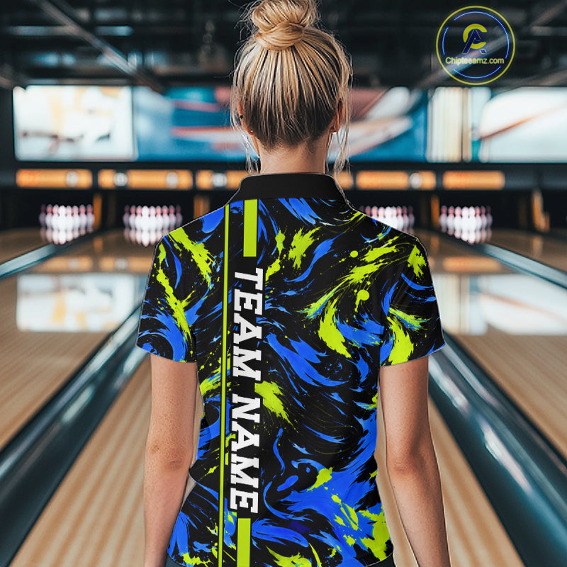 Custom Blue Green Camo Abstract Splash Bowling Shirts for Women Bowling Team Jersey for Bowler HNT658