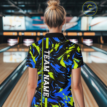 Custom Blue Green Camo Abstract Splash Bowling Shirts for Women Bowling Team Jersey for Bowler HNT658