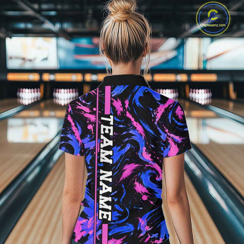 Custom Blue Pink Camo Abstract Splash Bowling Shirts for Women Bowling Team Jersey for Bowler HNT658