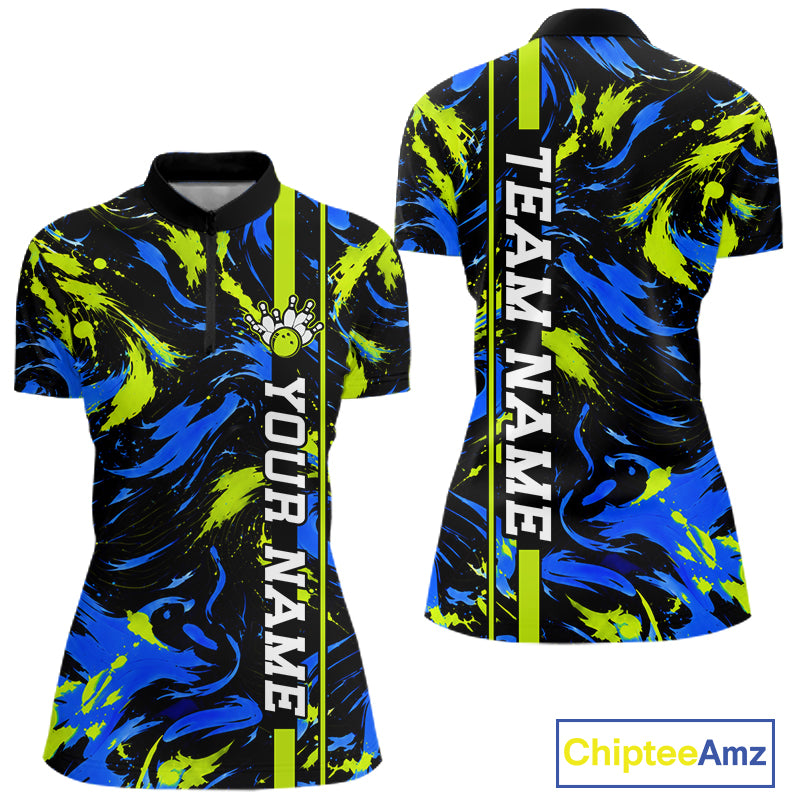 Custom Blue Green Camo Abstract Splash Bowling Shirts for Women Bowling Team Jersey for Bowler HNT658