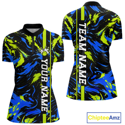 Custom Blue Green Camo Abstract Splash Bowling Shirts for Women Bowling Team Jersey for Bowler HNT658