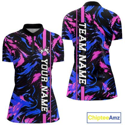 Custom Blue Pink Camo Abstract Splash Bowling Shirts for Women Bowling Team Jersey for Bowler HNT658