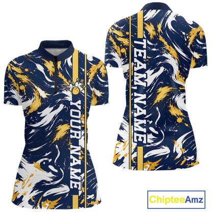 Custom White Yellow Camo Abstract Splash Bowling Shirts for Women Bowling Team Jersey for Bowler HNT658