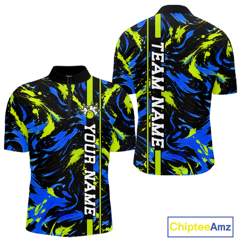 Custom Blue Green Camo Abstract Splash Bowling Shirts for Men Bowling Team Jersey for Bowler HNT658