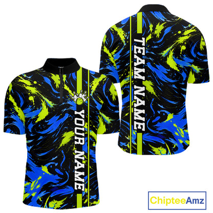 Custom Blue Green Camo Abstract Splash Bowling Shirts for Men Bowling Team Jersey for Bowler HNT658