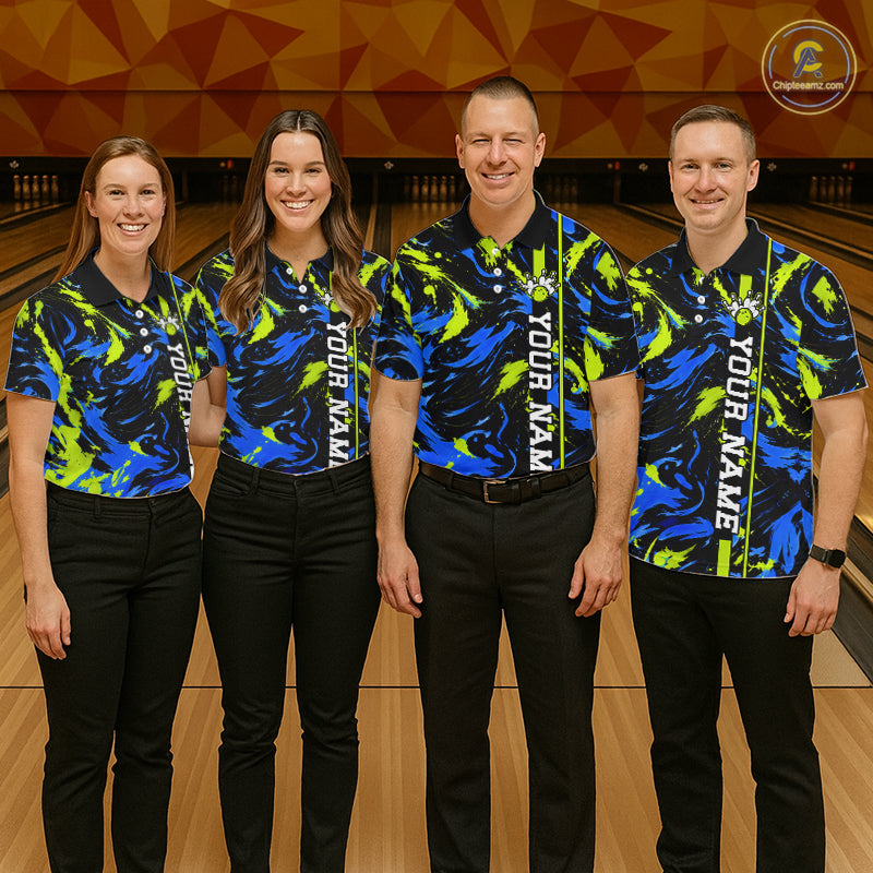 Custom Blue Green Camo Abstract Splash Bowling Shirts for Women Bowling Team Jersey for Bowler HNT658
