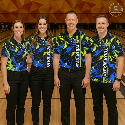 Custom Blue Green Camo Abstract Splash Bowling Shirts for Women Bowling Team Jersey for Bowler HNT658