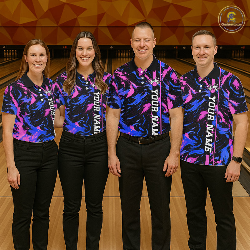 Custom Blue Pink Camo Abstract Splash Bowling Shirts for Women Bowling Team Jersey for Bowler HNT658