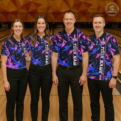 Custom Blue Pink Camo Abstract Splash Bowling Shirts for Women Bowling Team Jersey for Bowler HNT658