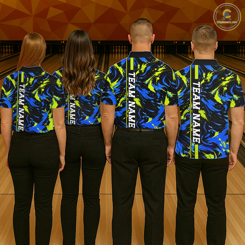 Custom Blue Green Camo Abstract Splash Bowling Shirts for Women Bowling Team Jersey for Bowler HNT658