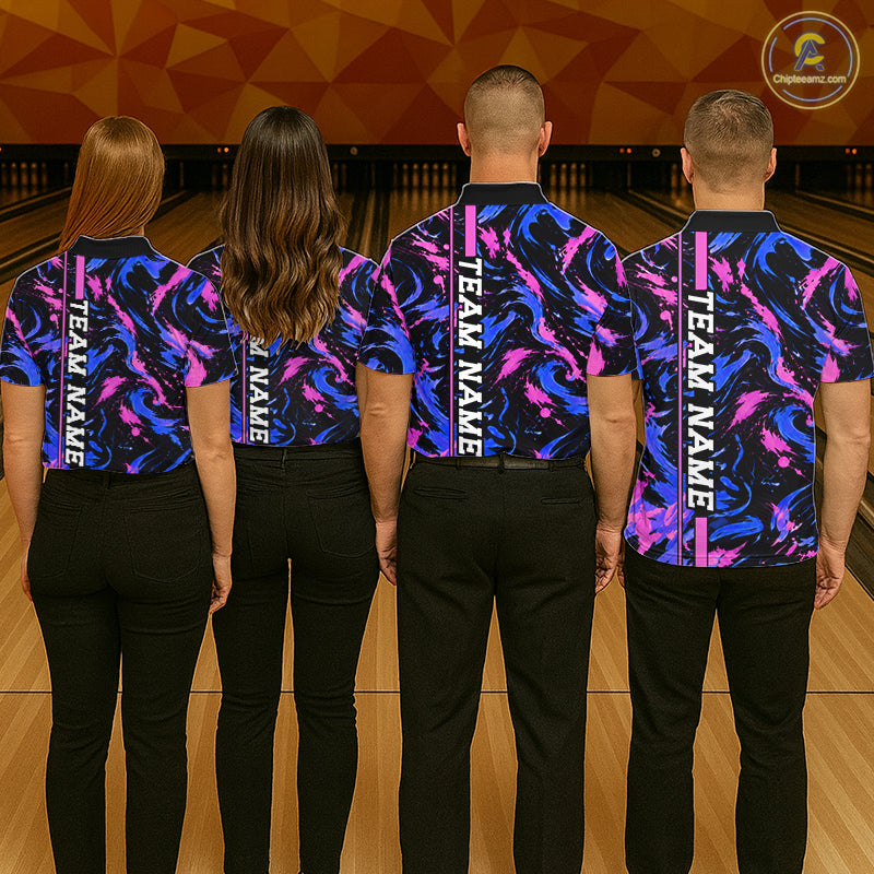 Custom Blue Pink Camo Abstract Splash Bowling Shirts for Women Bowling Team Jersey for Bowler HNT658