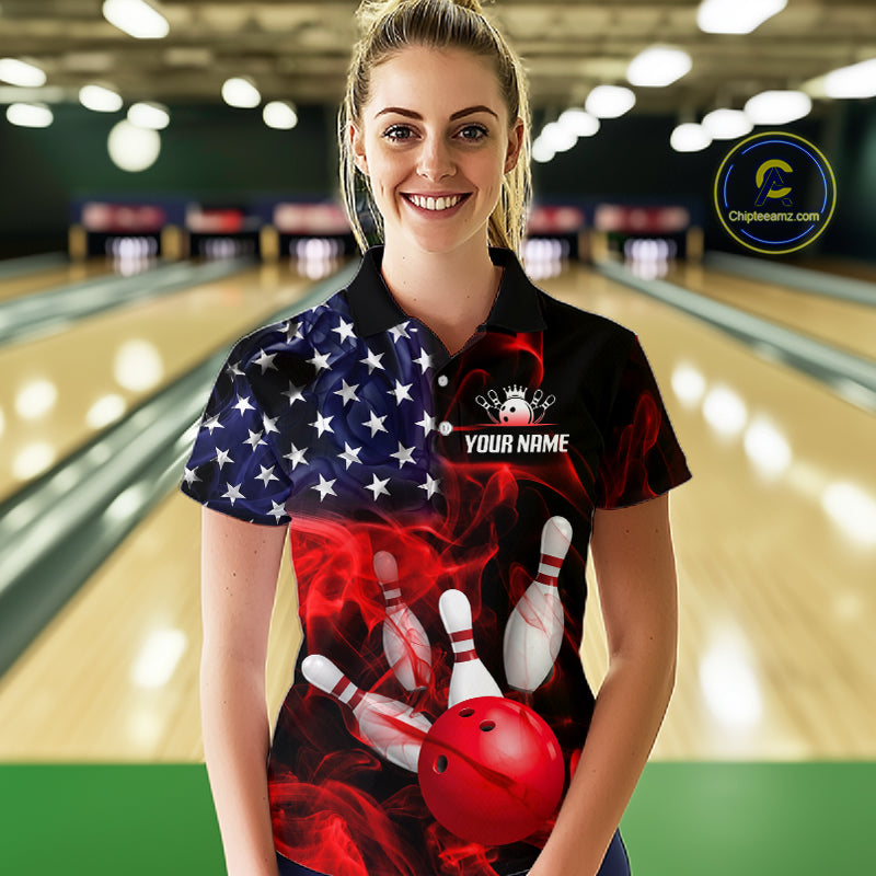 Women’s us flag smoke bowling polo shirt, front view on female model in bowling lane 