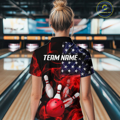Women’s us flag smoke bowling quarter zip shirt, back view on female model in bowling lane 