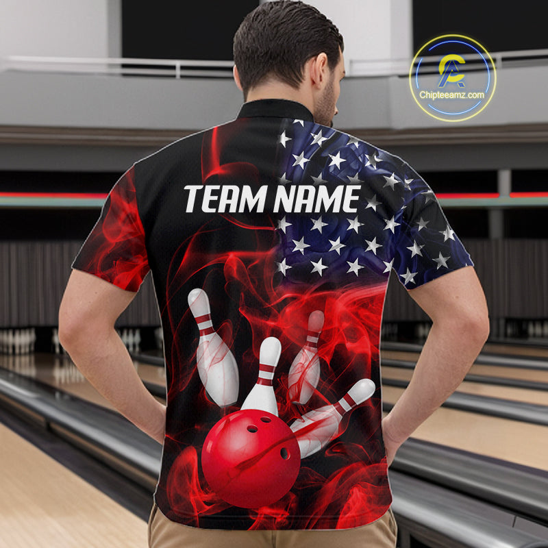 Men’s us flag smoke bowling quarter zip shirt, back view on male model in bowling lane 