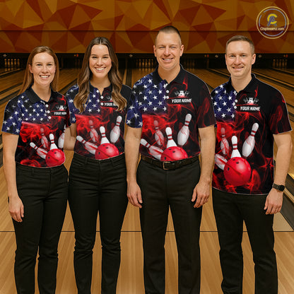 Group of bowlers in us flag team shirts, personalized bowling uniforms front view.