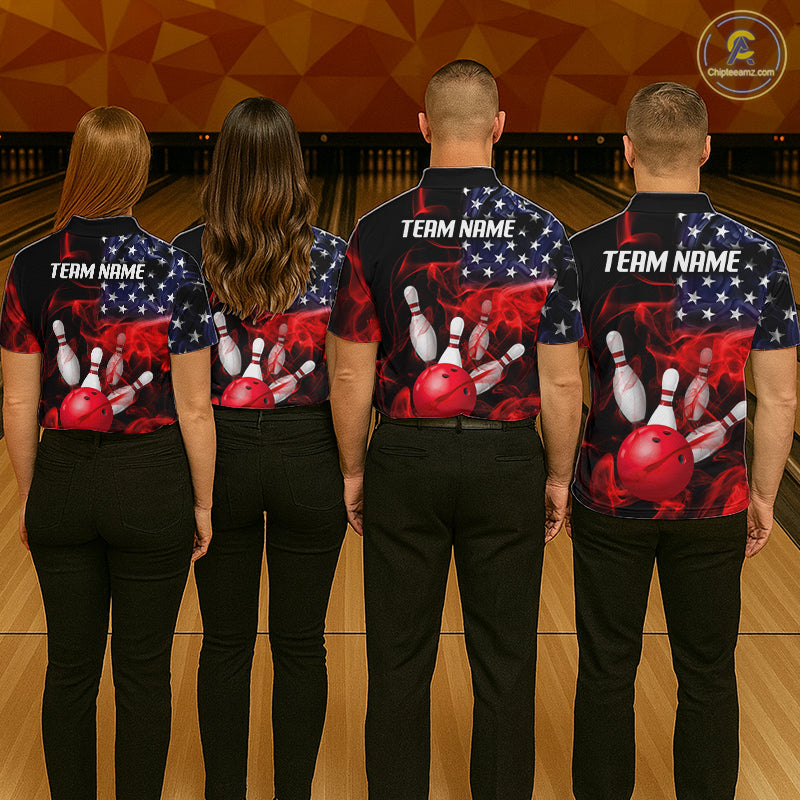Group of bowlers in us flag team shirts, personalized bowling uniforms back view.