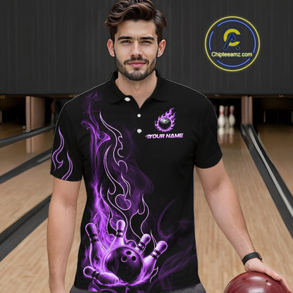 A man wearing a black short-sleeve polo shirt with a purple and white bowling-themed flame graphic and the text 'YOUR NAME' on the chest, standing in a bowling alley. A circular 'ChipteeAmz'.