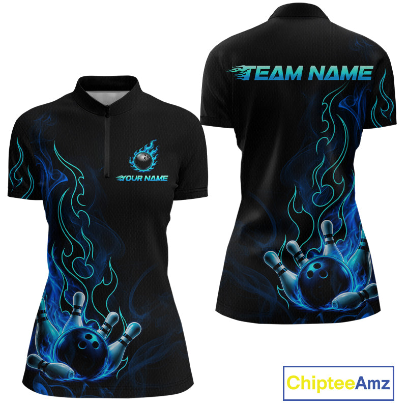 Black short-sleeve women's polo shirt shown from the front and back, featuring a blue and black bowling-themed flame graphic with bowling balls and pins, customizable text on the chest and back, and a ChipteeAmz logo in the bottom right corner.