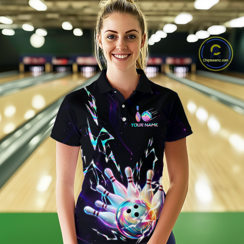 Personalized Holographic Lightning Bowling Team Shirts For Women Patriotic Bowling Gifts HNT518