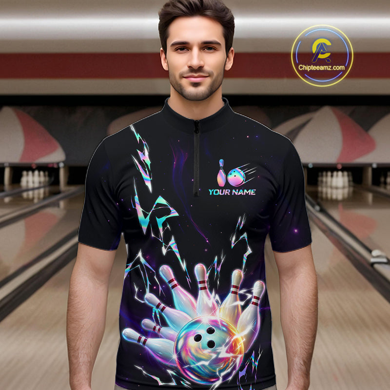 Personalized Holographic Lightning Bowling Team Shirts For Men Patriotic Bowling Gifts HNT518