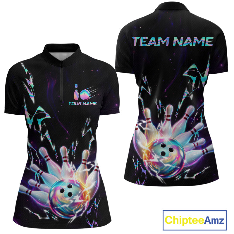 Personalized Holographic Lightning Bowling Team Shirts For Women Patriotic Bowling Gifts HNT518