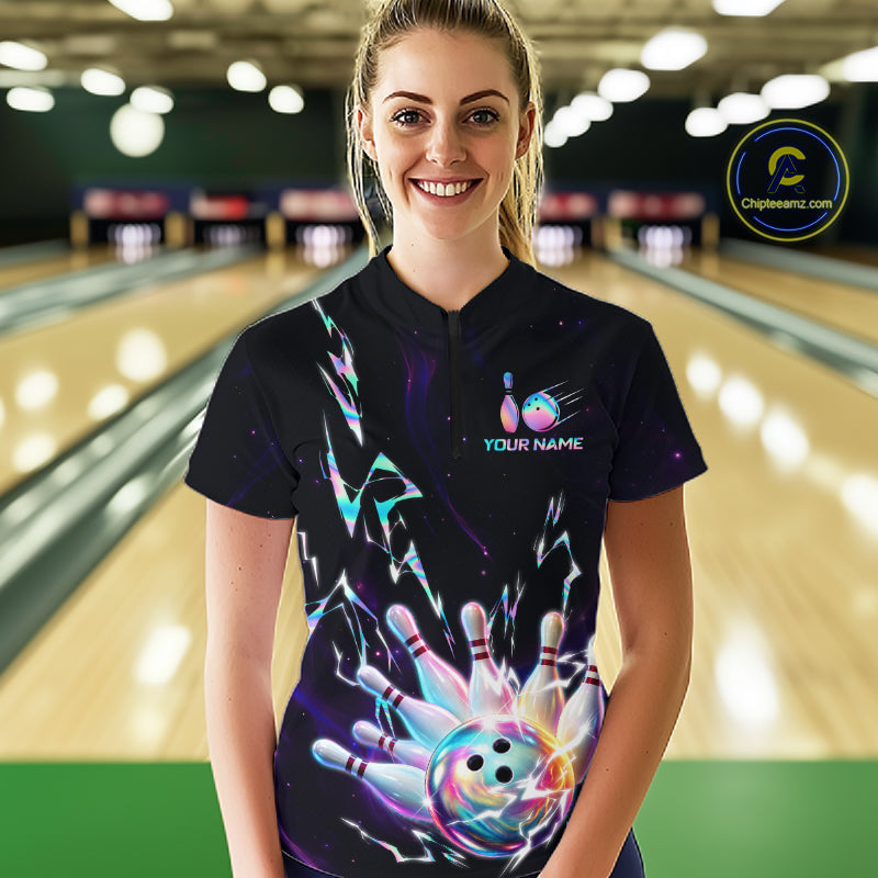 Personalized Holographic Lightning Bowling Team Shirts For Women Patriotic Bowling Gifts HNT518