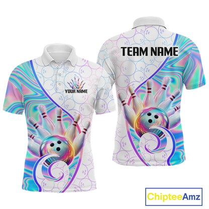 Front and back views of a short-sleeve polo shirt with a colorful bowling-themed all-over print. The shirt features a white base with holographic iridescent swirls in pink, blue, purple, and green, along with bowling balls and pins.