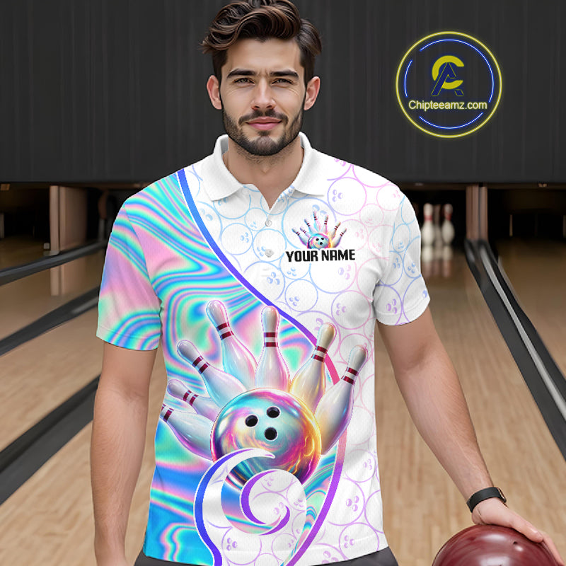 A man wearing a custom bowling-themed polo shirt with a colorful holographic swirl pattern, bowling pins, and a bowling ball graphic. The shirt has a white collar and sleeve, with a white chest area featuring a bowling pin hand graphic and the text 'YOUR NAME'.