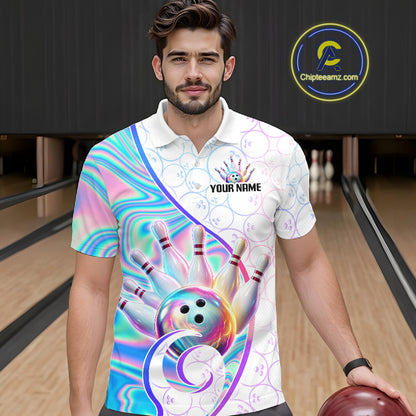 A man wearing a custom bowling-themed polo shirt with a colorful holographic swirl pattern, bowling pins, and a bowling ball graphic. The shirt has a white collar and sleeve, with a white chest area featuring a bowling pin hand graphic and the text 'YOUR NAME'.