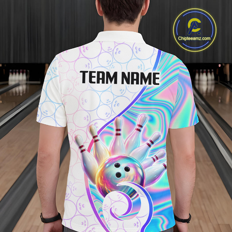 A man viewed from behind wearing a white short-sleeve bowling-themed polo shirt with a colorful holographic graphic of bowling pins and a bowling ball, plus 'TEAM NAME' printed across the upper back. Bowling lanes are visible in the background, and a circular 'Chipteeamz.