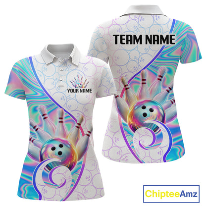 Front and back views of a short-sleeve polo shirt with a colorful bowling-themed graphic print. The shirt features a white base with a vibrant, iridescent swirl pattern in pink, blue, purple, and green, along with illustrations of bowling pins and a bowling ball.